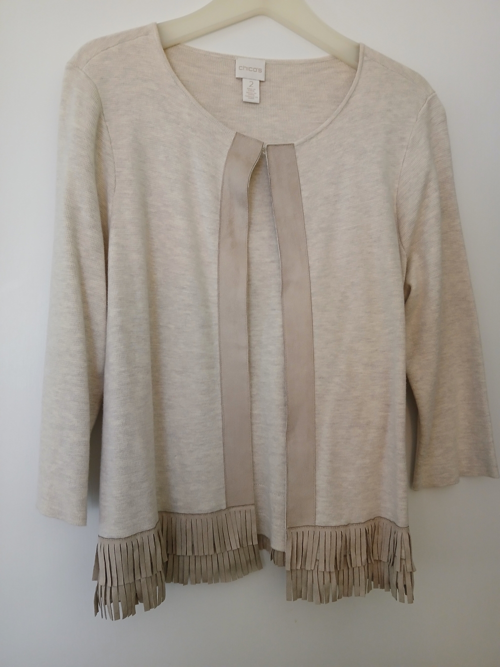 Chico's Cream Fringe-Trim Open Cardigan
